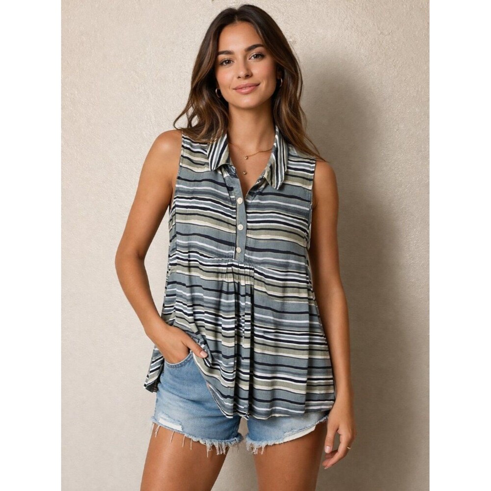 Neesh by D.A.R. 100% Cotton Multicolor Striped Sleeveless Tank Shirt Top Size M
